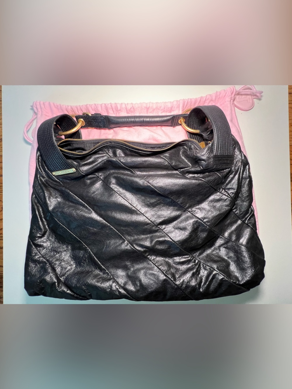 VNTG Juicy Couture Black Quilted Leather Hobo Shoulder Bag Gold Hardware Y2K